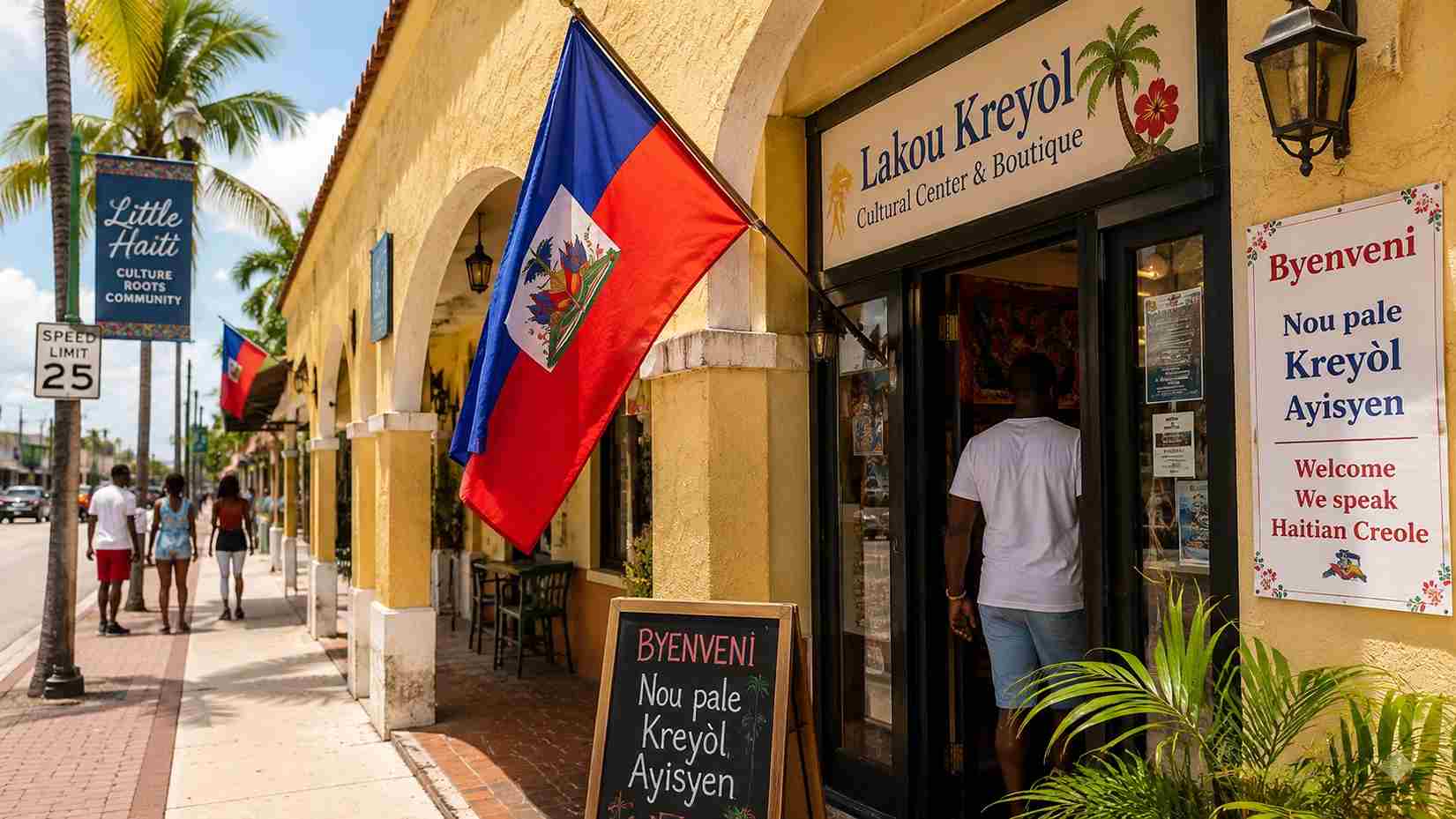 Haitian flags and Creole-language signs outside a sunny Florida cultural center.