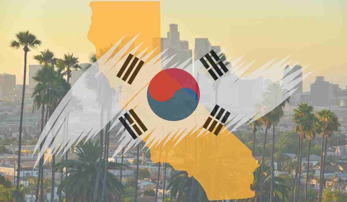 South Korean flag over a California map with the Los Angeles skyline.