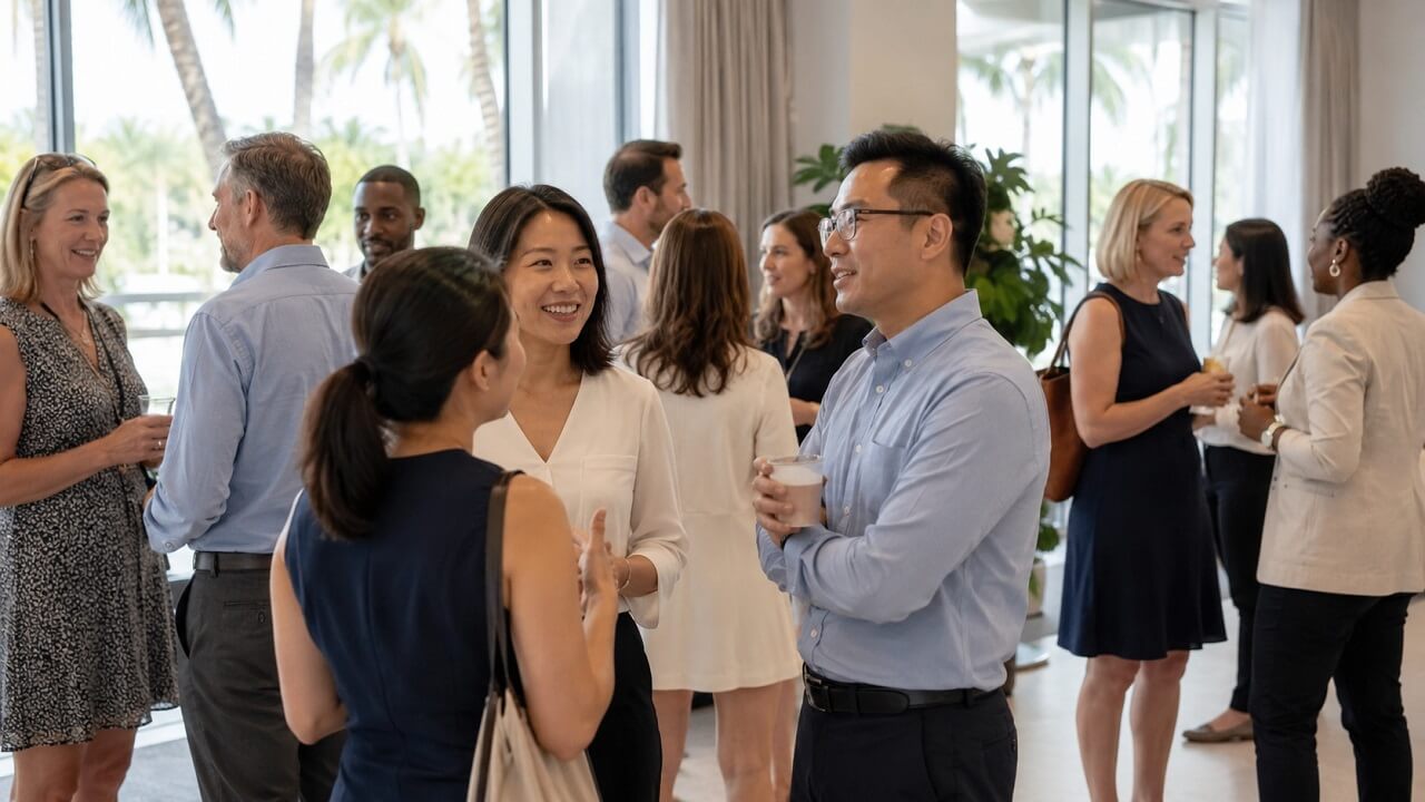 Florida business representative explaining documents to a multilingual couple during an office consultation