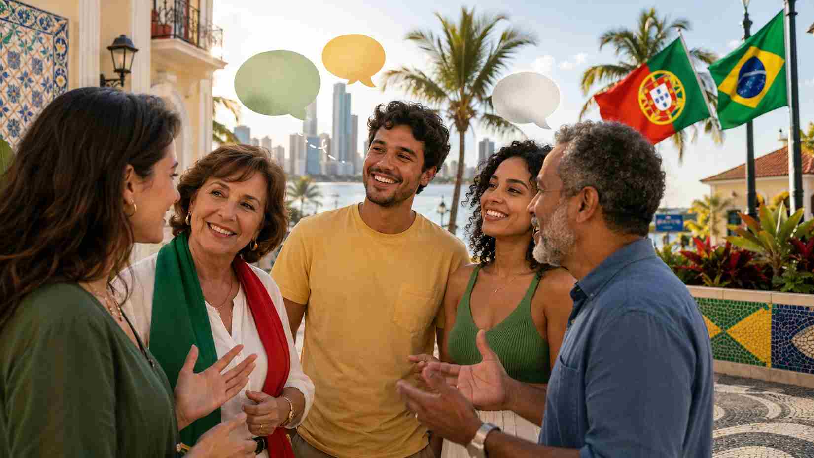 Diverse group speaking together near Portuguese and Brazilian flags in a Florida coastal setting.