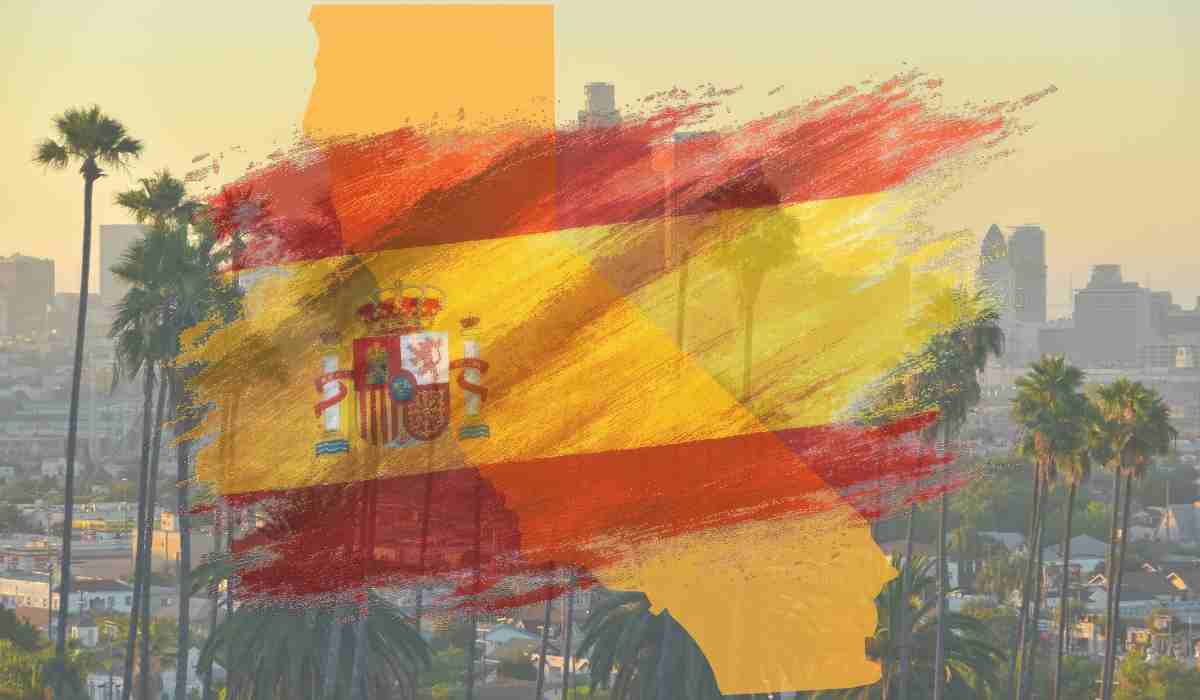 Spanish flag over a California map with the Los Angeles skyline.