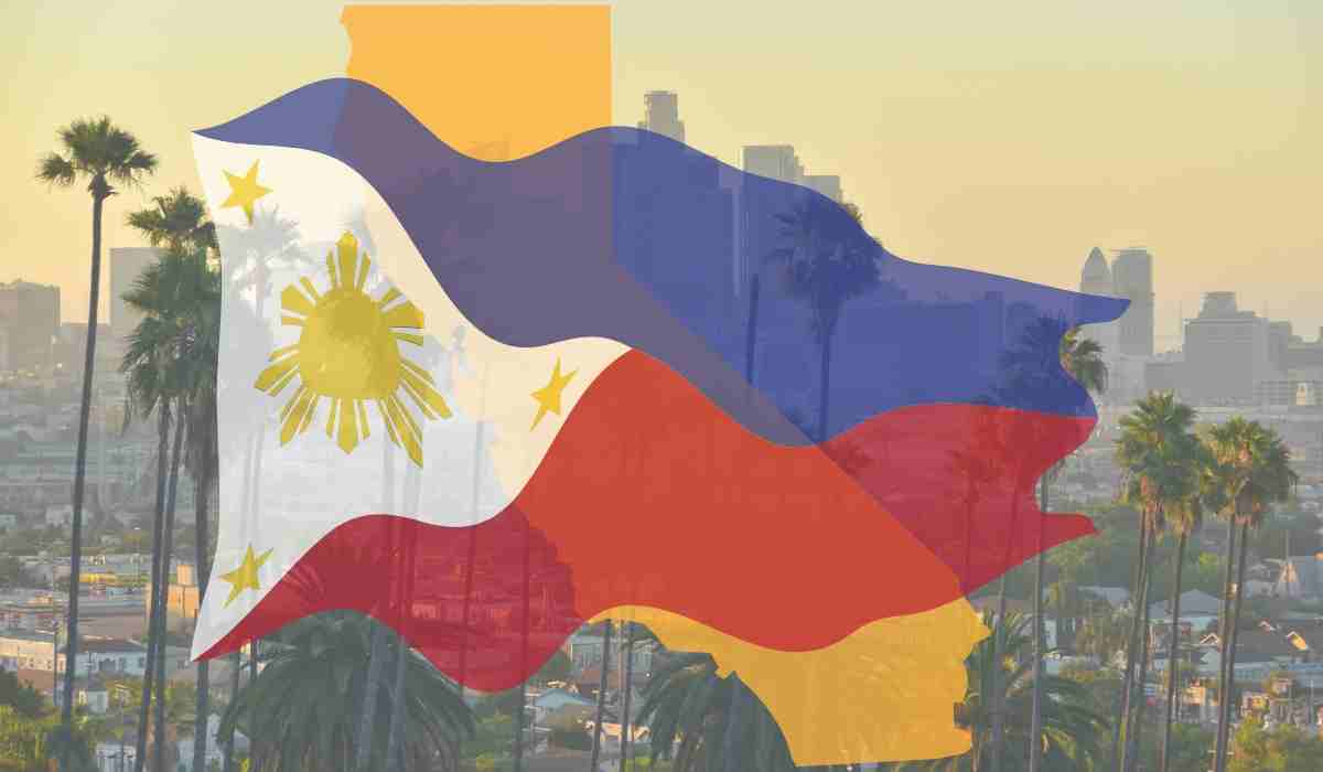 Philippine flag over a California map and Los Angeles skyline.