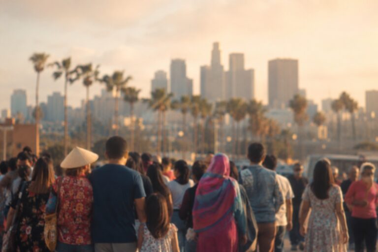 Diverse crowd walking toward the Los Angeles skyline at sunset.
