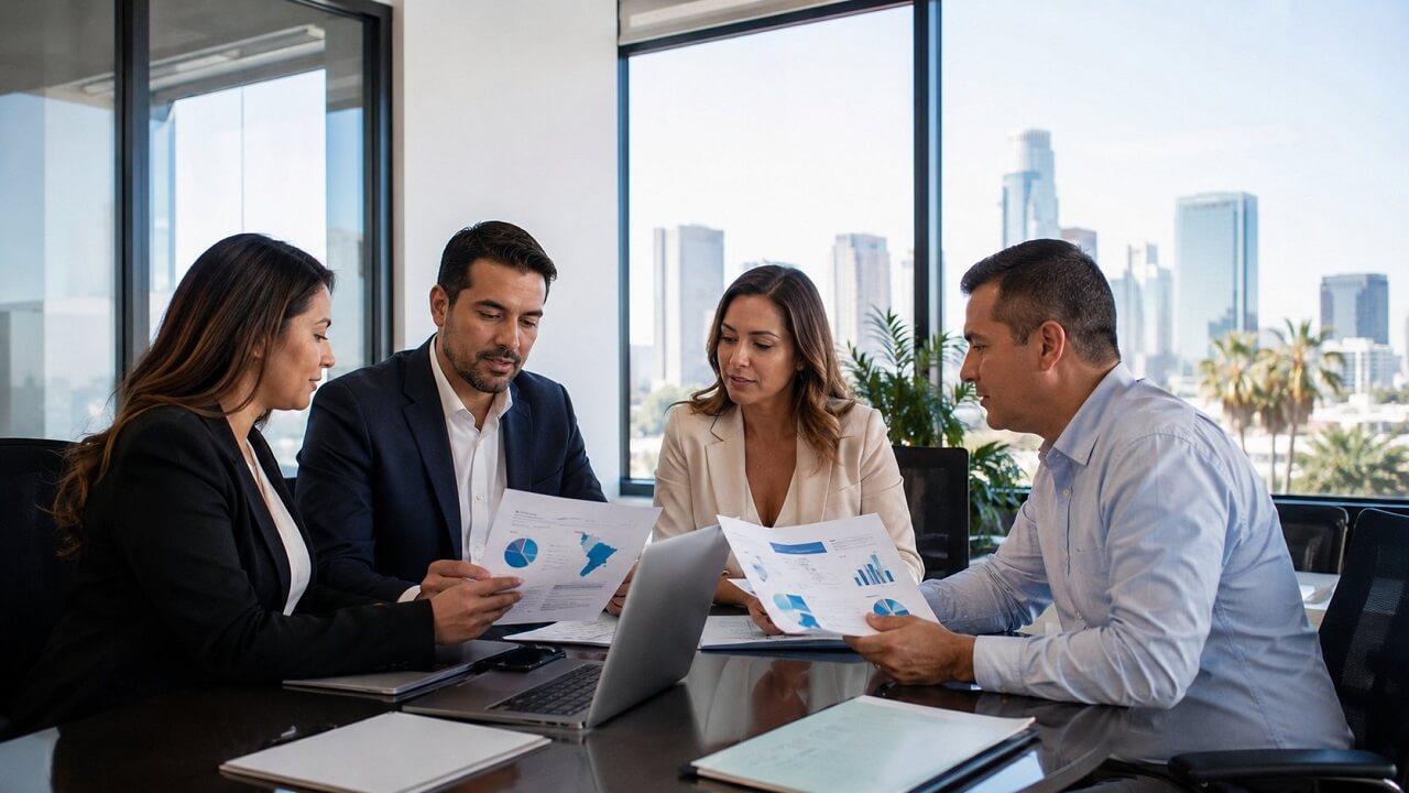 Business team reviewing reports and documents in a California office