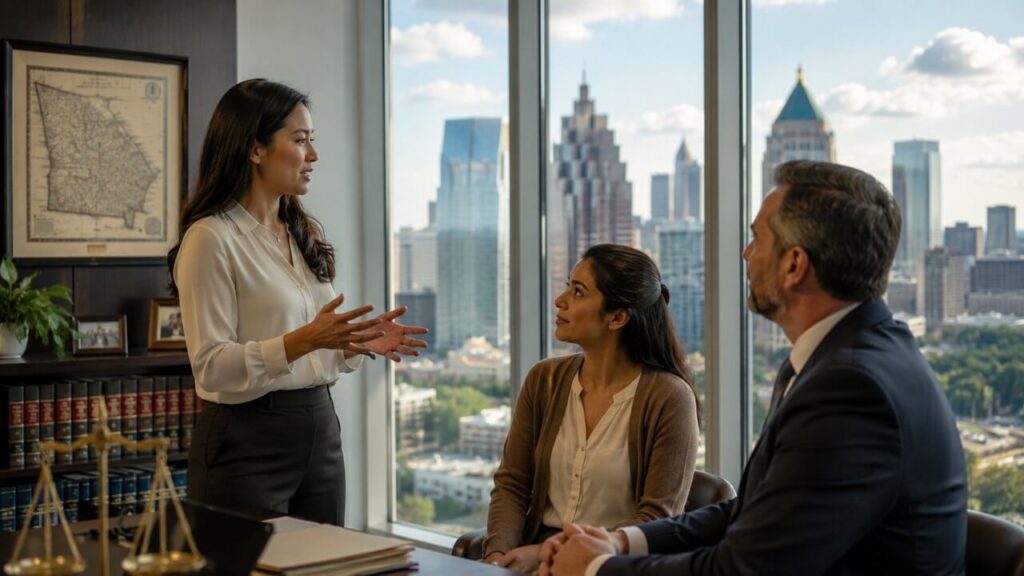 Legal interpreter assisting a client and attorney at a Georgia law firm