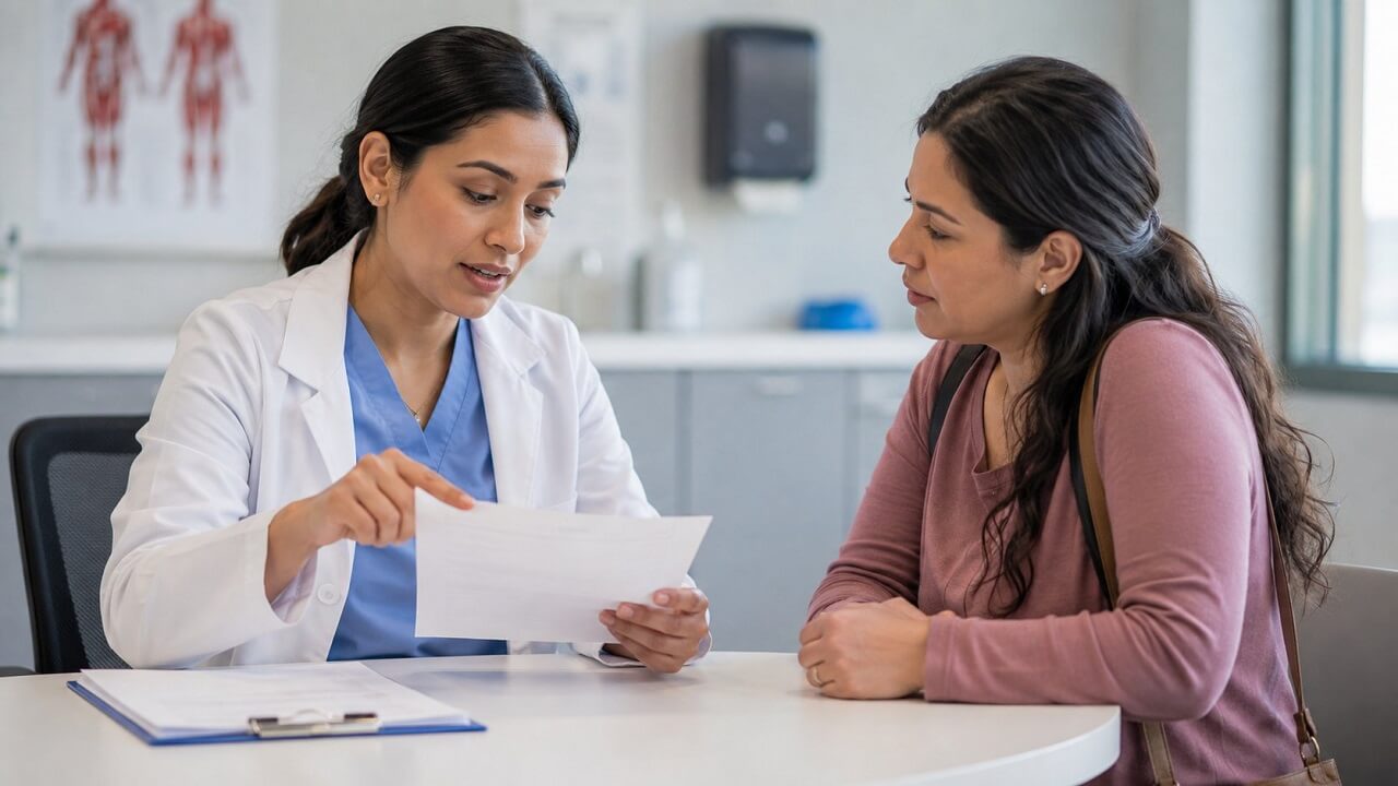 Healthcare professional reviewing medical documents with a Spanish-speaking patient