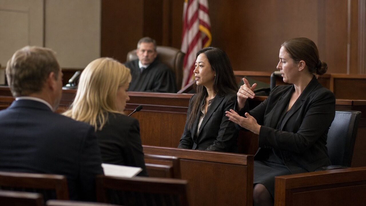 Legal interpreter assisting during a courtroom hearing