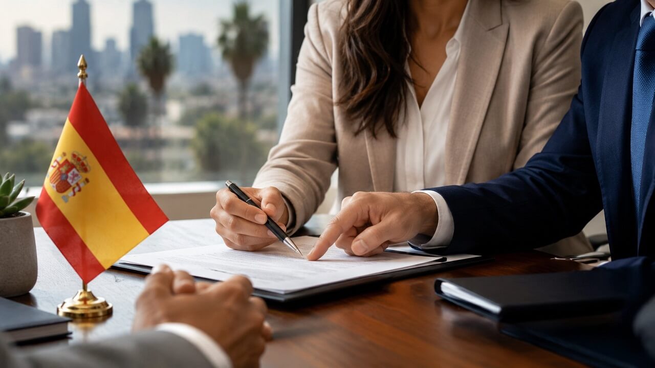 Professionals reviewing documents beside a Spanish flag in California
