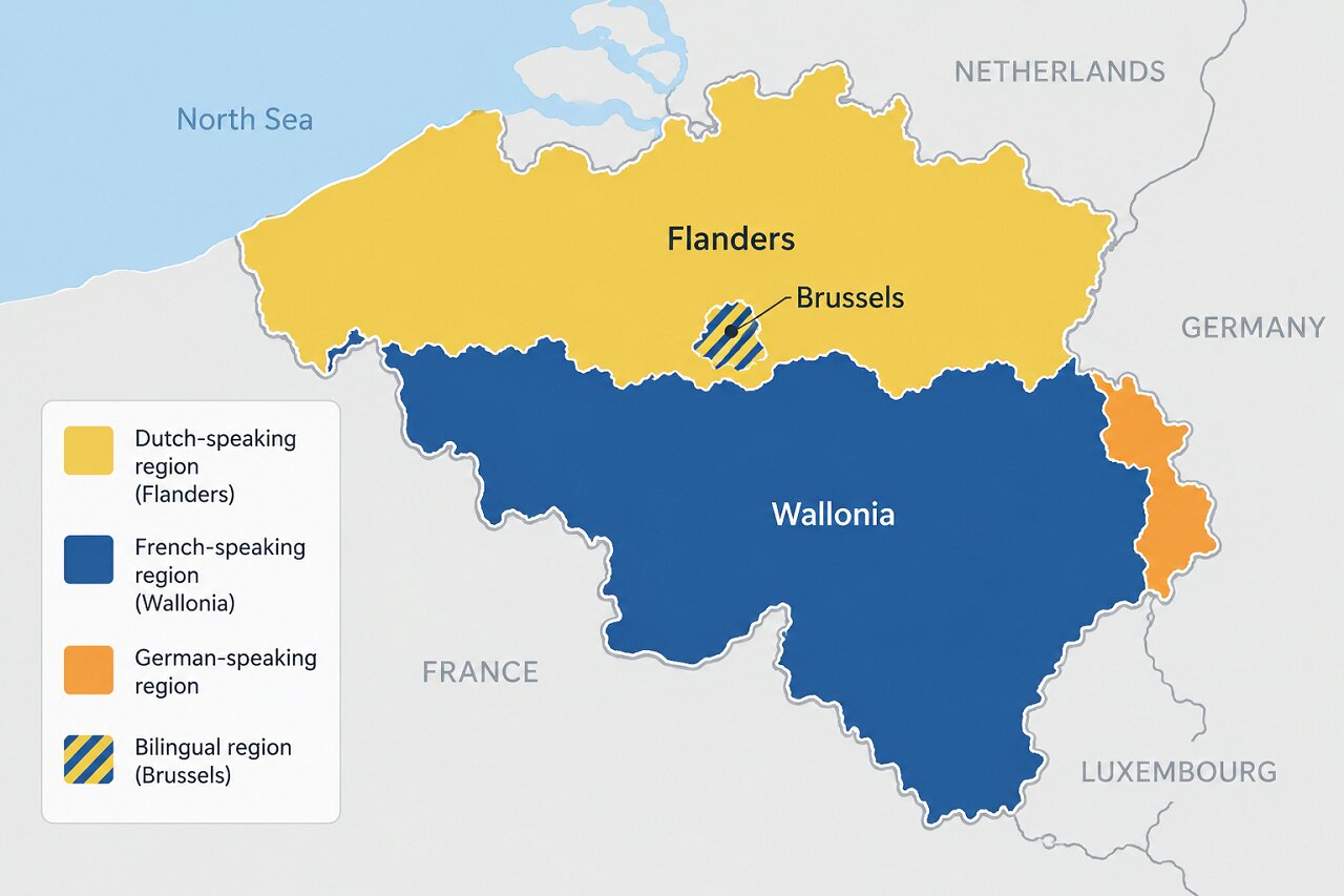 Map of Belgium showing Dutch-speaking Flanders, French-speaking Wallonia, bilingual Brussels and the German-speaking region