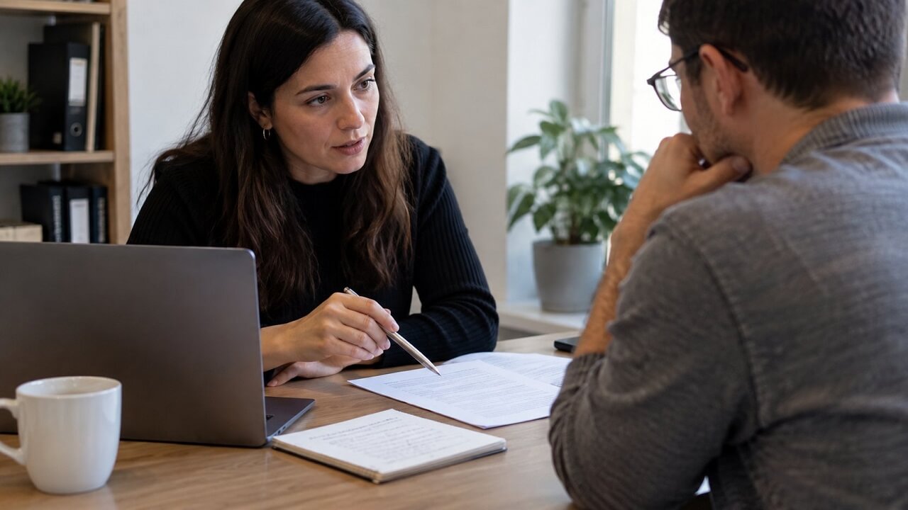 Client speaking with a translation professional during a consultation about qualifications and document requirements