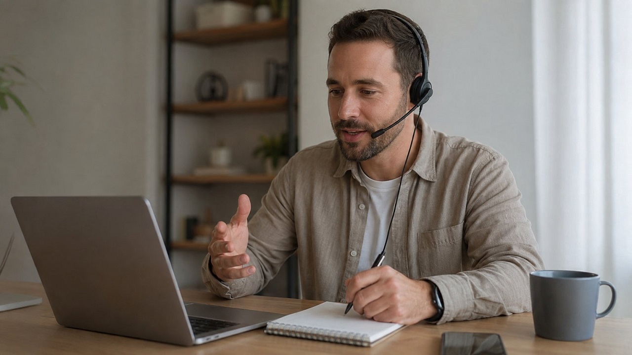 Language specialist assisting a client remotely