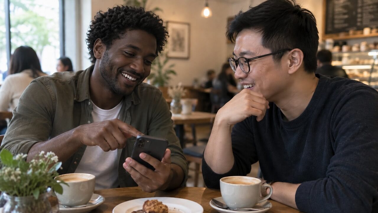 Two bilingual friends having a casual conversation while looking at a smartphone in a café