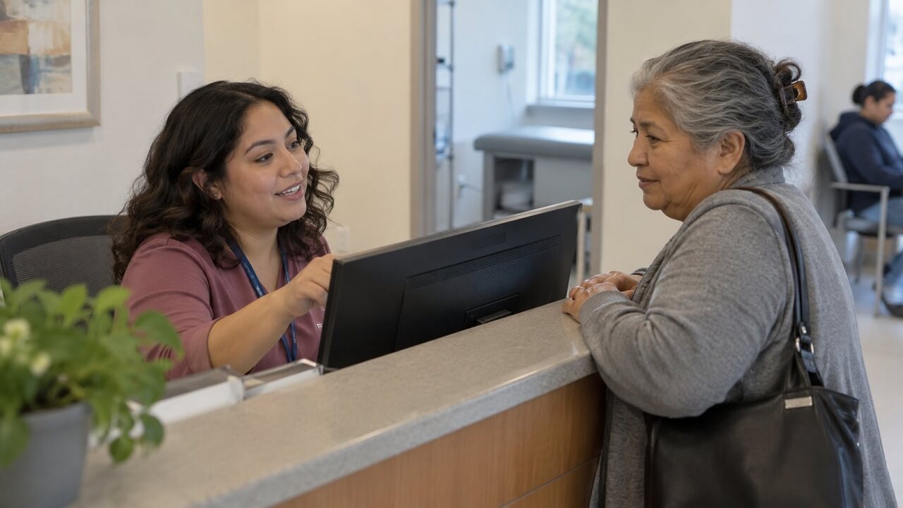 Bilingual clinic receptionist assisting an older patient during a routine front-desk conversation