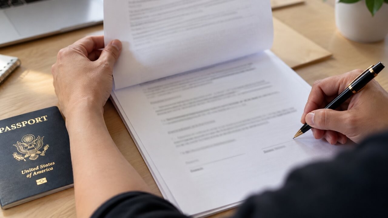 Person signing official translated documents beside a U.S. passport on a desk