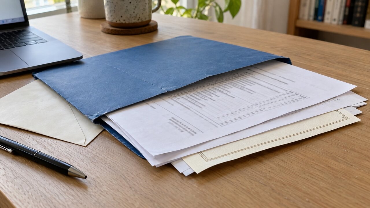 Academic records and a partially covered diploma inside a blue folder on a desk beside a laptop.