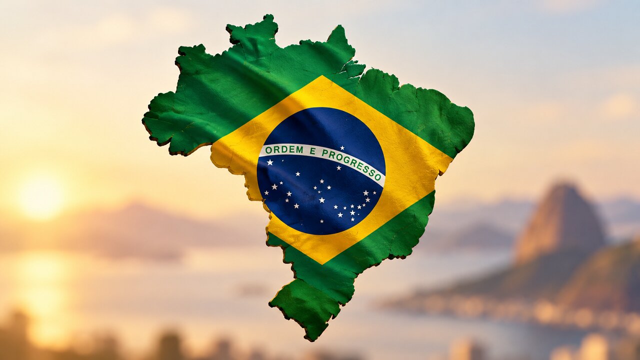 Map of Brazil filled with the Brazilian flag against a softly blurred Rio de Janeiro background