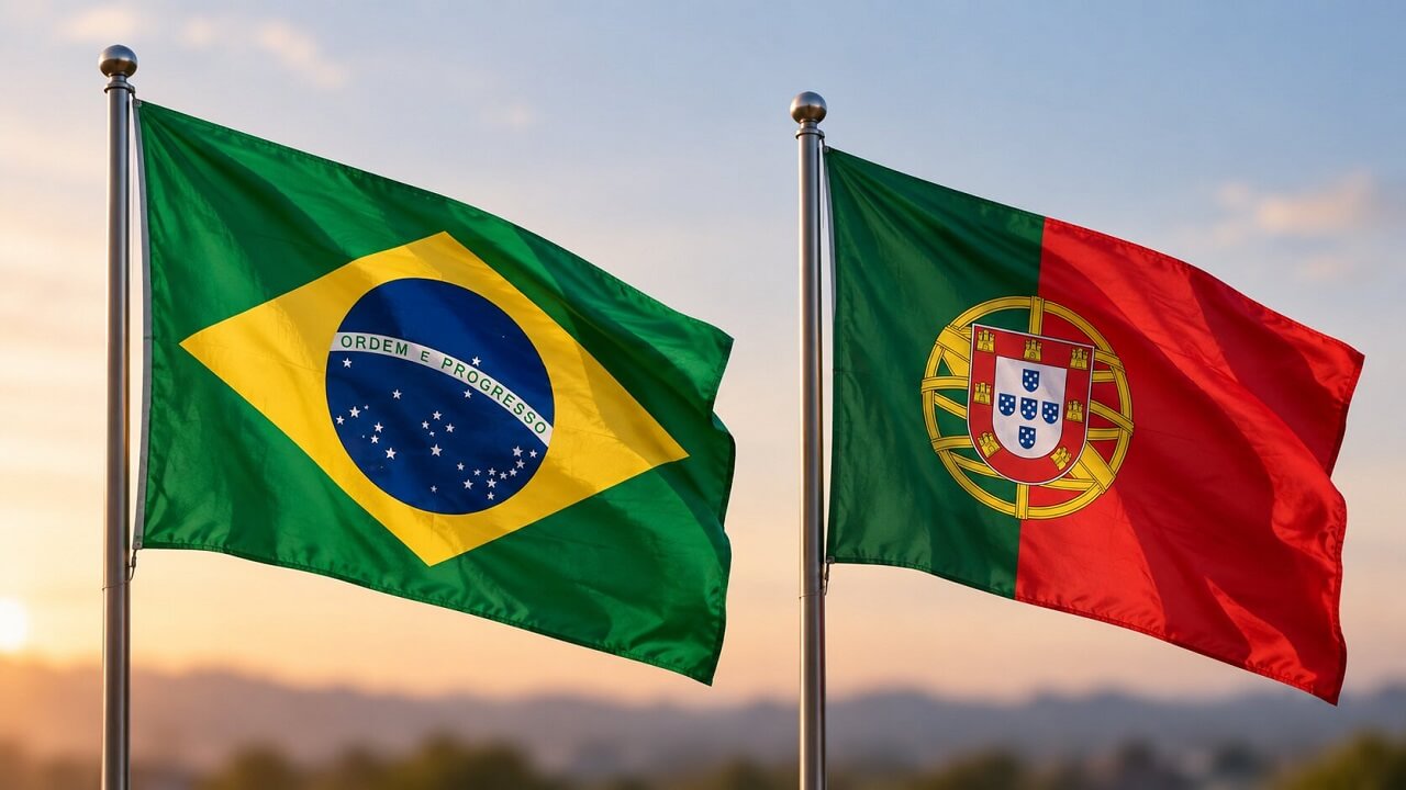 Brazilian and Portuguese flags representing the Portuguese language spoken in Brazil and Portugal