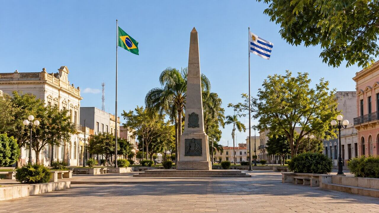 Plaza Internacional on the Brazil Uruguay border with Brazilian and Uruguayan flags