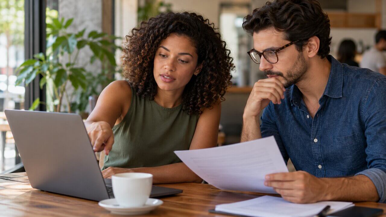 Two professionals reviewing documents and discussing business communication in Brazil