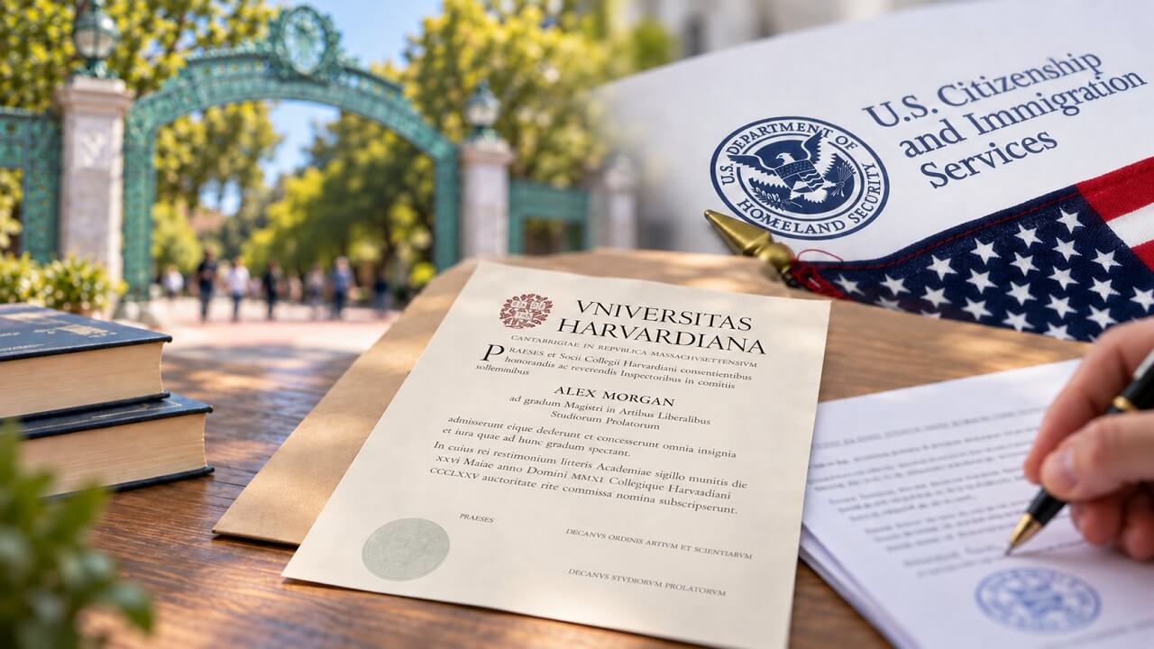 Diploma with a fictional name beside translation paperwork, with UC Berkeley’s Sather Gate and USCIS imagery in the background.
