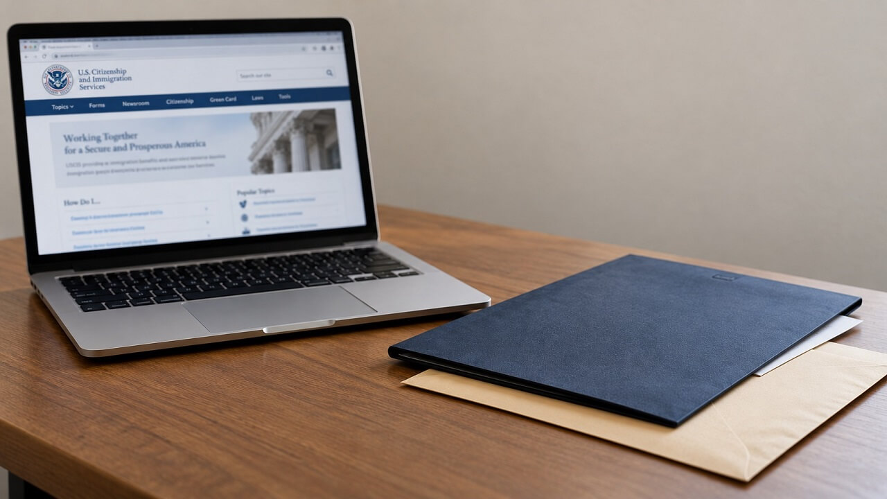 Laptop displaying a USCIS webpage beside a closed blue document folder and a cream envelope on a wooden desk.