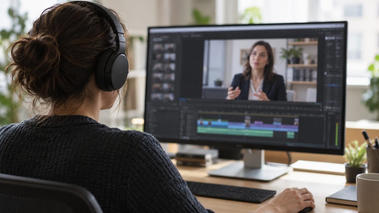 Editor wearing headphones reviews interview footage and an editing timeline on a desktop monitor