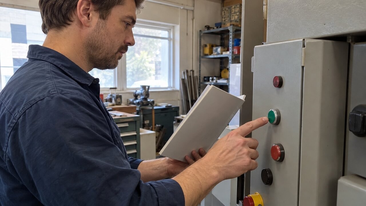 Technician holding an instruction booklet and pointing to a green button on an equipment control panel.