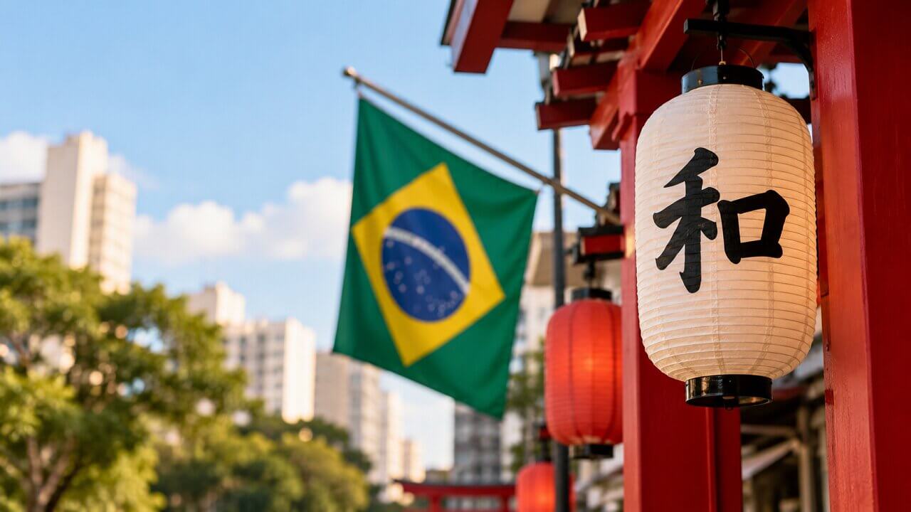 Japanese lanterns and Brazilian flag representing Japanese cultural influence in Brazil