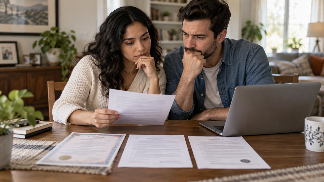 Couple reviewing marriage certificate translation documents to check for errors before USCIS submission