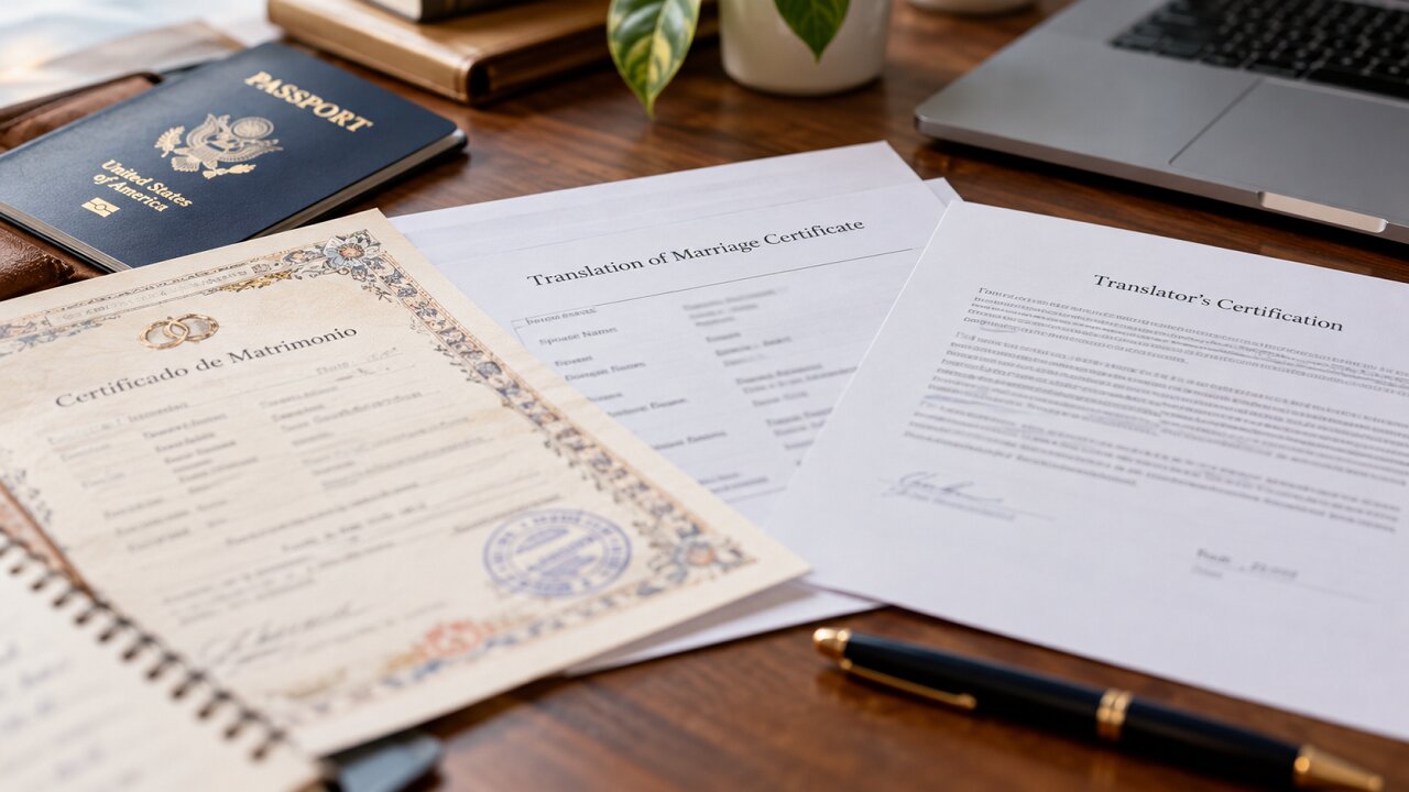 Marriage certificate, English translation, and translator certification arranged on a desk with a passport