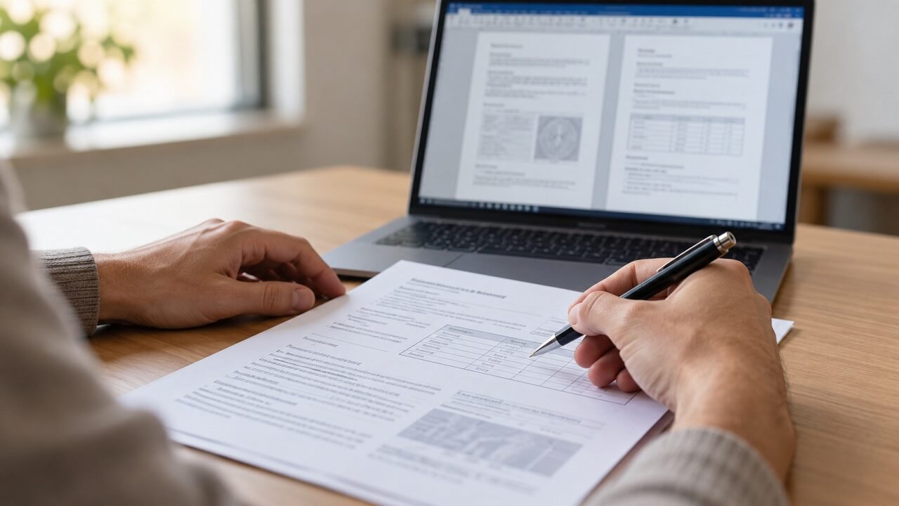 Hands review a printed medical report beside a laptop displaying two documents side by side