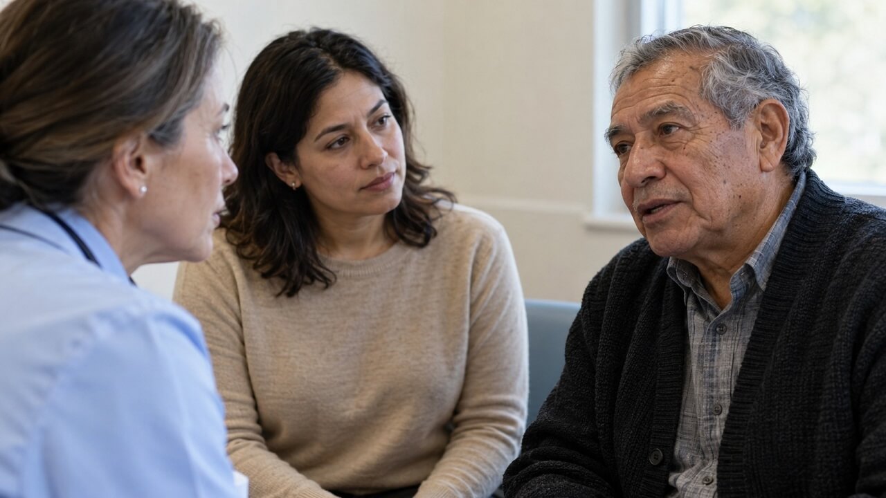 Older patient speaks to a clinician while an interpreter in a beige sweater listens beside him