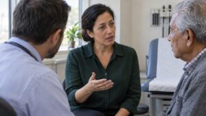 Medical interpreter speaks with an older patient while a doctor listens during a consultation