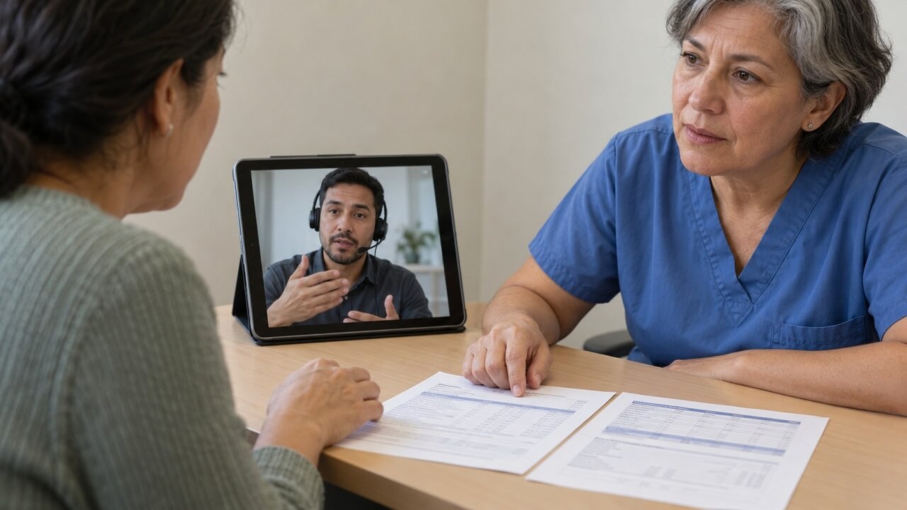 Clinician reviews printed reports with a patient while a remote interpreter participates on a tablet