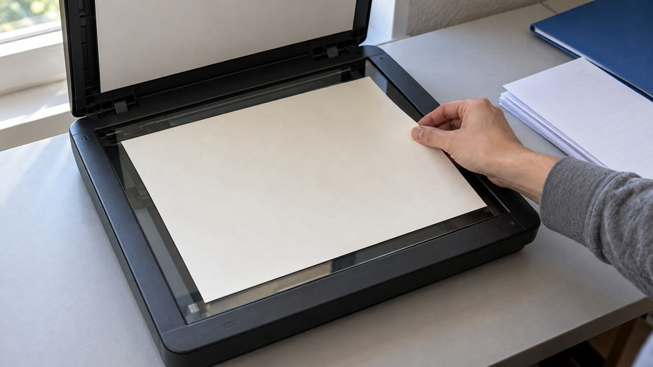 Hand positioning a diploma face down on a flatbed scanner, with papers and a blue folder beside it.