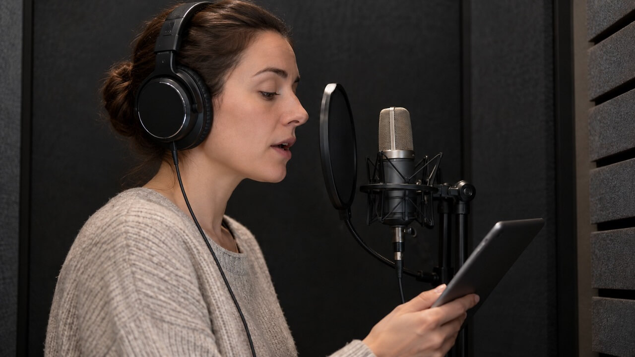 Woman wearing headphones reads from a tablet into a studio microphone with a pop filter