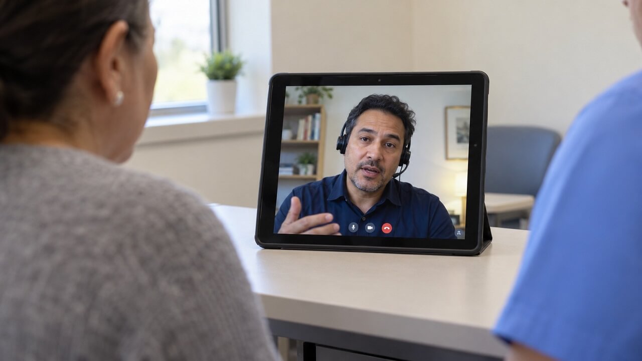 Patient and clinician face a tablet showing a remote interpreter wearing a headset