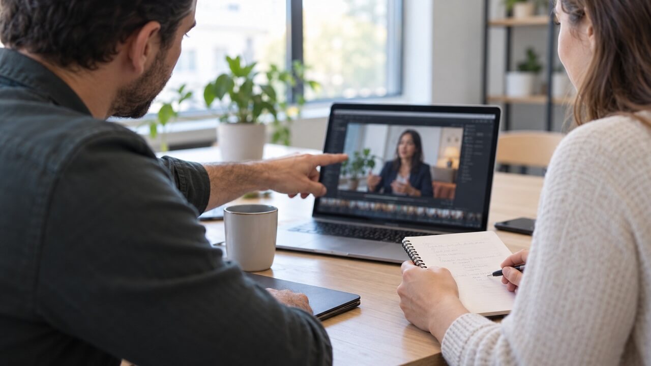 Two colleagues review interview footage on a laptop while taking notes