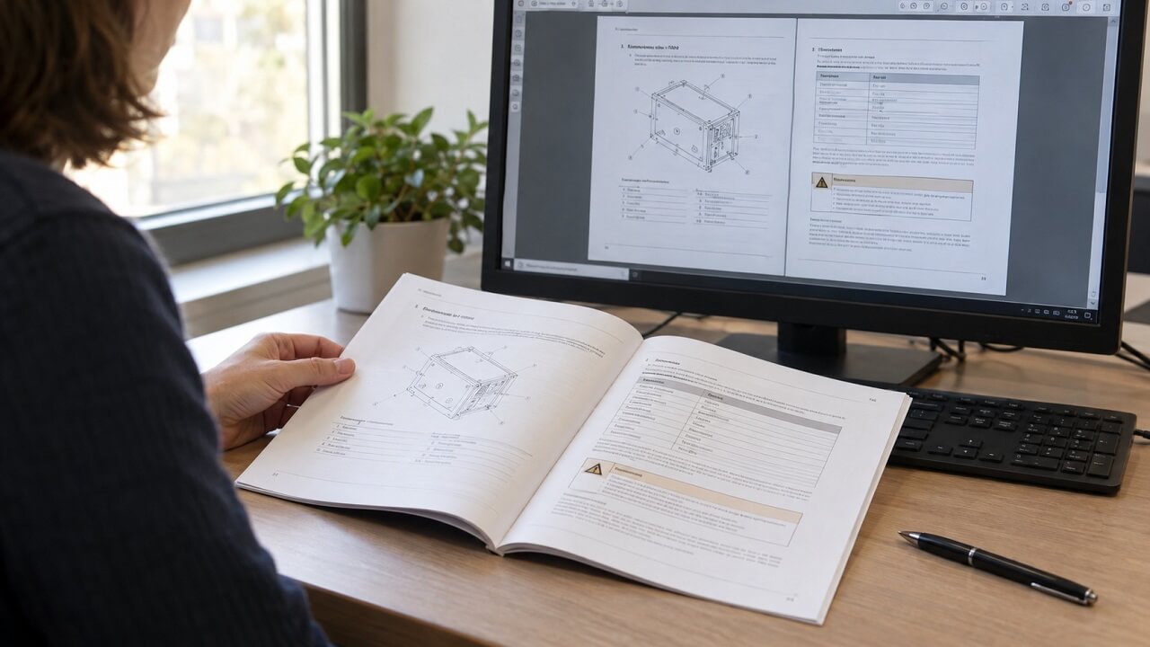 Person comparing an open printed technical manual with a PDF on a monitor, both showing diagrams, tables, and warning boxes.