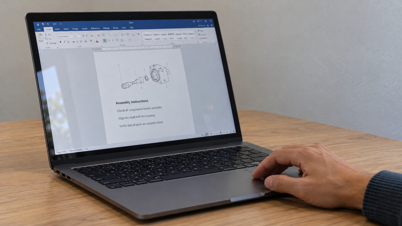 Laptop displaying assembly instructions and a mechanical drawing in Word, with a hand resting on the trackpad.