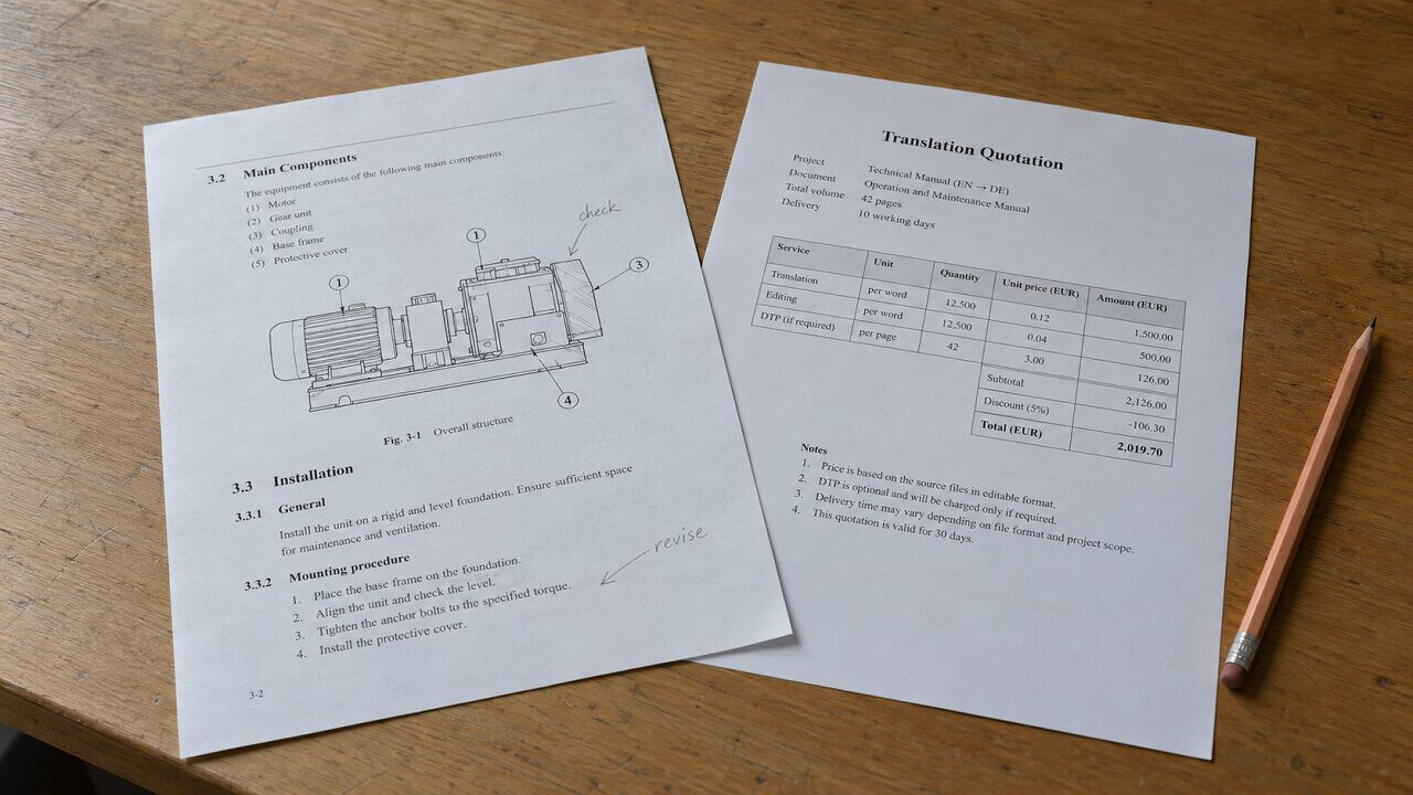 Technical manual page with handwritten revision notes beside an itemized translation quotation and a pencil.