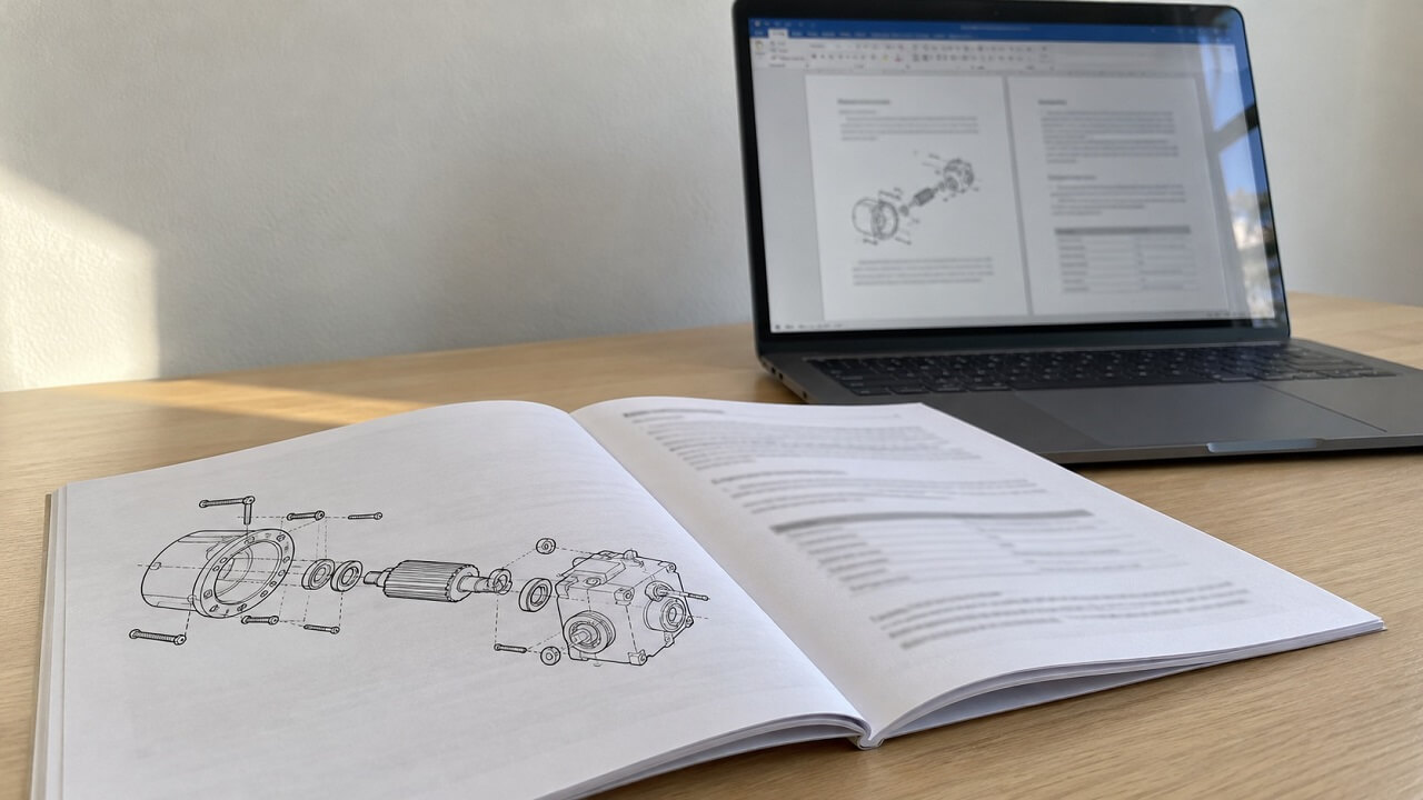 Open technical manual with an exploded mechanical drawing on a desk beside a laptop displaying documentation.