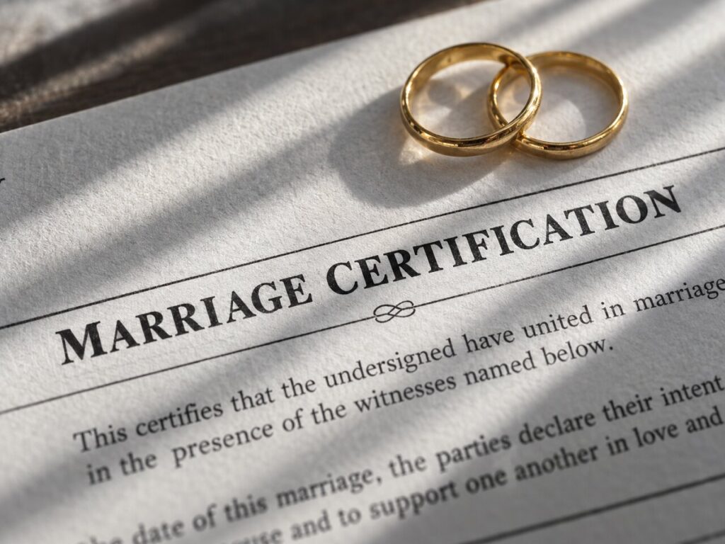 Marriage certificate with two gold wedding rings resting on the document