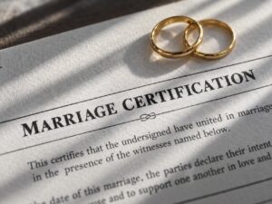 Marriage certificate with two gold wedding rings resting on the document