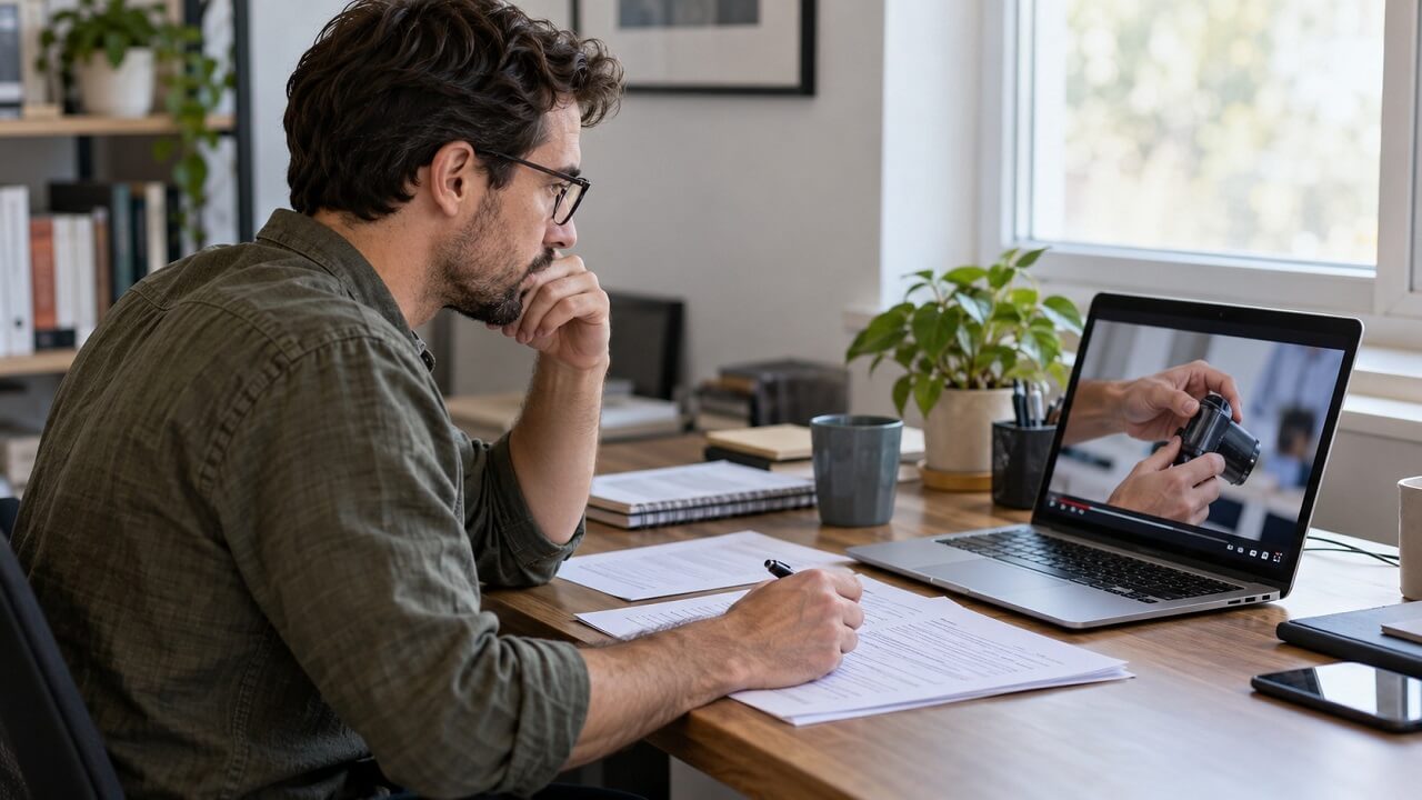 Man reviews a camera demonstration on a laptop with printed pages and a pen in front of him