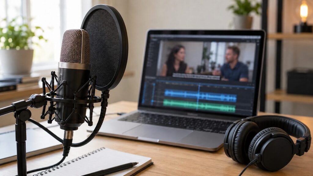 Microphone and headphones beside a laptop displaying a subtitled interview and audio tracks