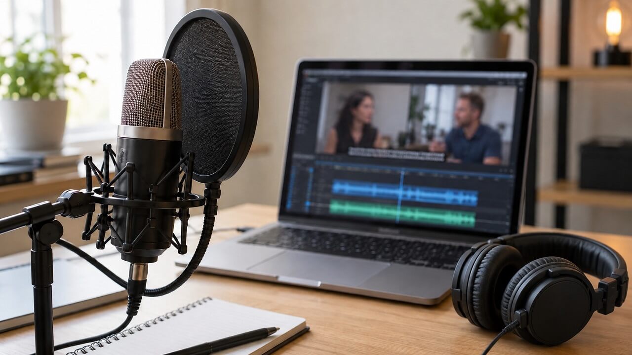 Microphone and headphones beside a laptop displaying a subtitled interview and audio tracks