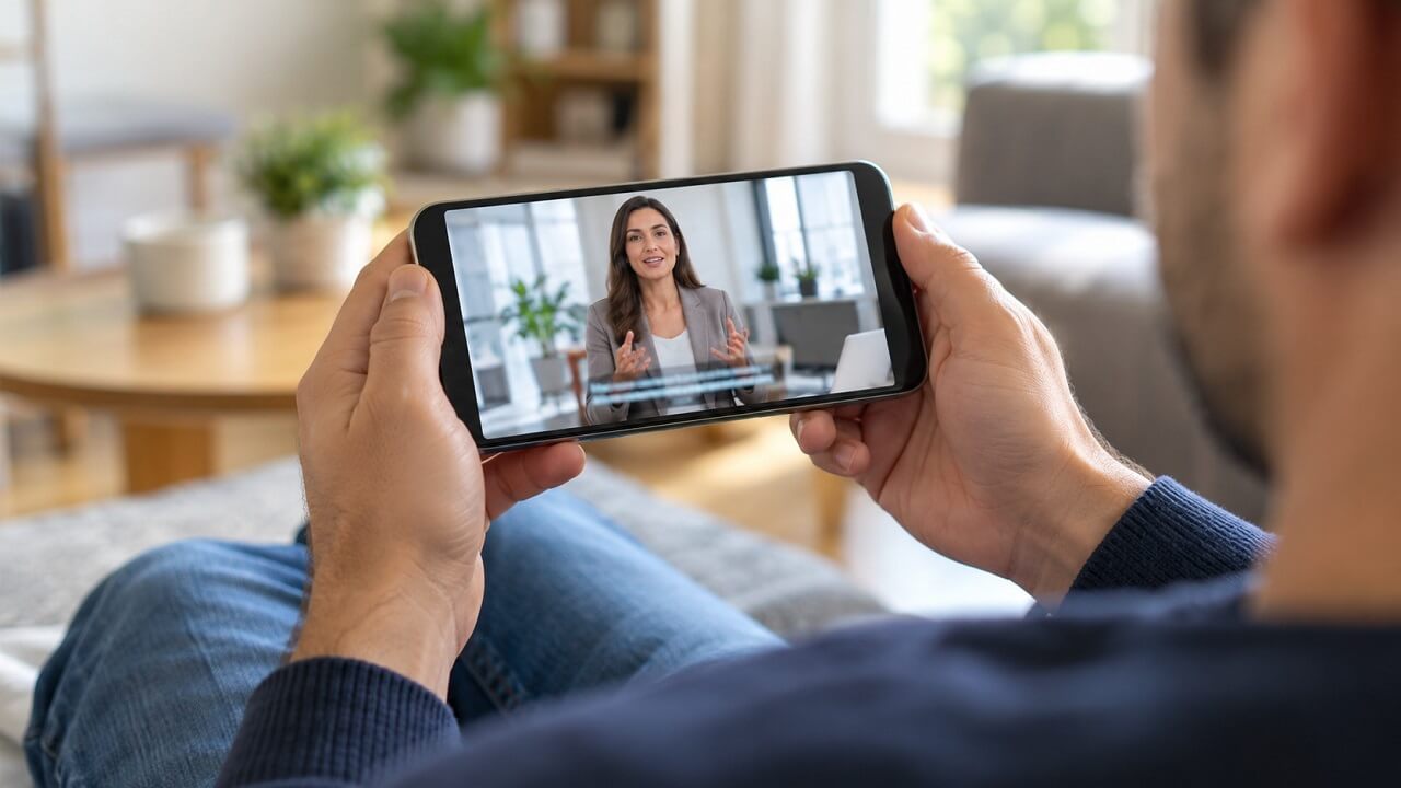 Viewer holds a smartphone horizontally while watching a presenter with subtitles