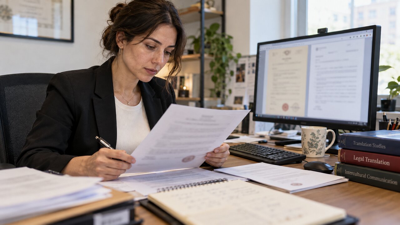 Professional translator reviewing a marriage certificate and its English translation at a computer